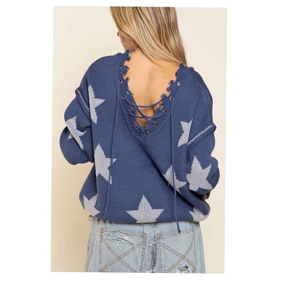 POL Bohemian sweater with tattered raw edges, and Lace up front and back - Picture 6 of 15